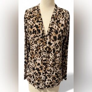 Jones New York Leopard Print Button Down Long Sleeve Blouse Women's Size Large
